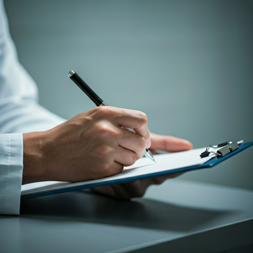 Detail of professional doctor hands writing on medical clipboard